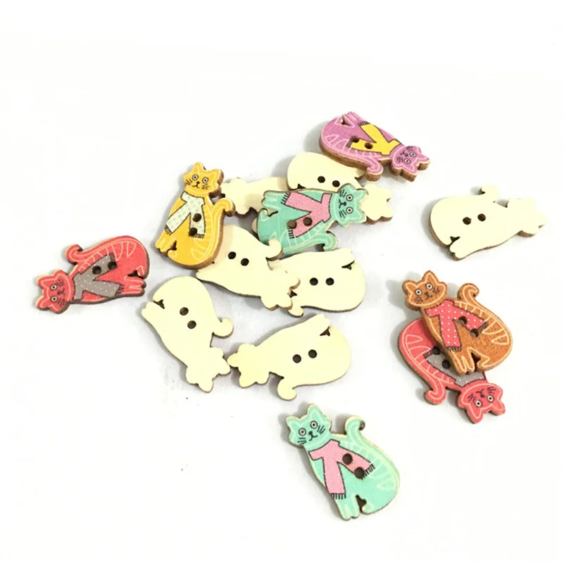 50pcs  2 Holes Cat Wooden buttons Mixed 18*30mm For handmake Scrapbooking Crafts    7NK201