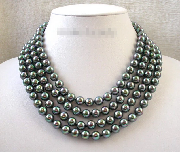 

Free shipping stunning 4rows 8mm round south Tahiti black sea shell pearls necklace j15