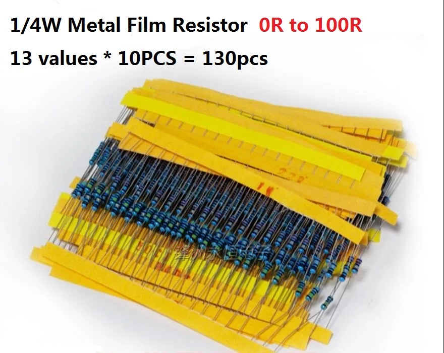 

13values*10PCS=130PCS 0 ohm-100 Ohms 1/4W 5% Metal Fillm Resistor Kit Set 0R To 100R Assorted Assortment 1R 2.2R 4.7R 5.1R Pack