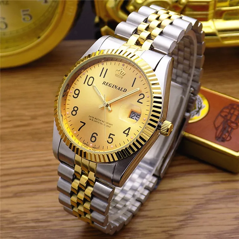 

REGINALD Quartz Watch Men 18k Yellow Gold Woman Man Lovers Dress Fluted Bezel Diamond Dial Full Stainless Steel Luminous Clock