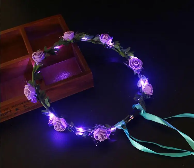 Colorful LED Light Glowing Flower Headband Flashing Garland Wreath Women Girls Headwear Halloween Glow Party Supplies SN1179