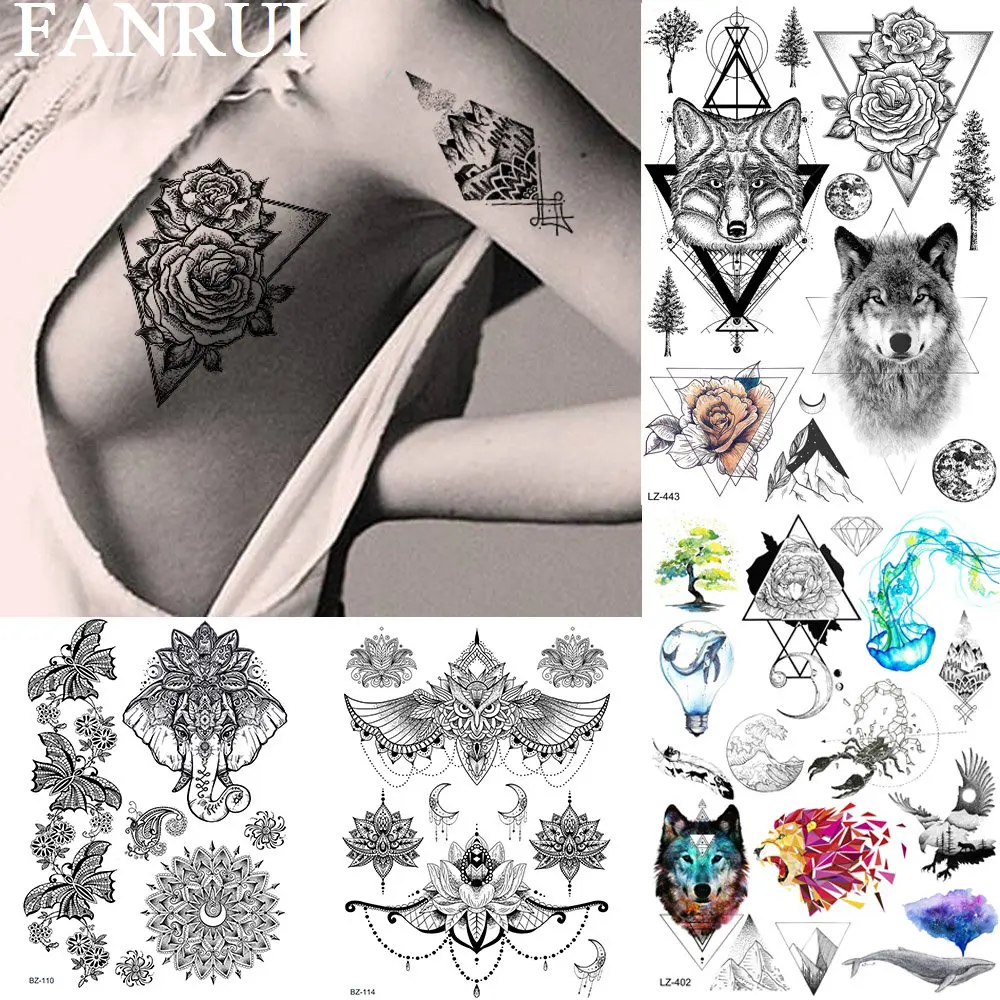 FANRUI Women Temporary Tattoo Sticker Planets Wolf Fox Mountain Fake Tatoo Body Art Arm Tattoos Rose Flower Geometric Triangle