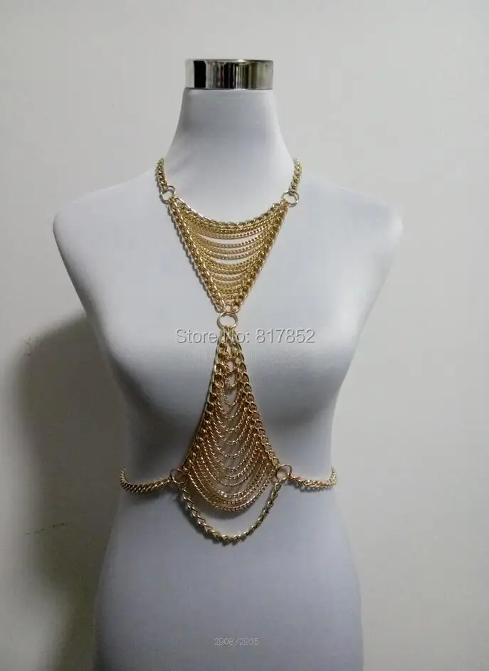 New Style Fashion Women Gold Colour Chains Unique Harness Triangle Neck BodyChains Jewelry 3 Colors WRB19