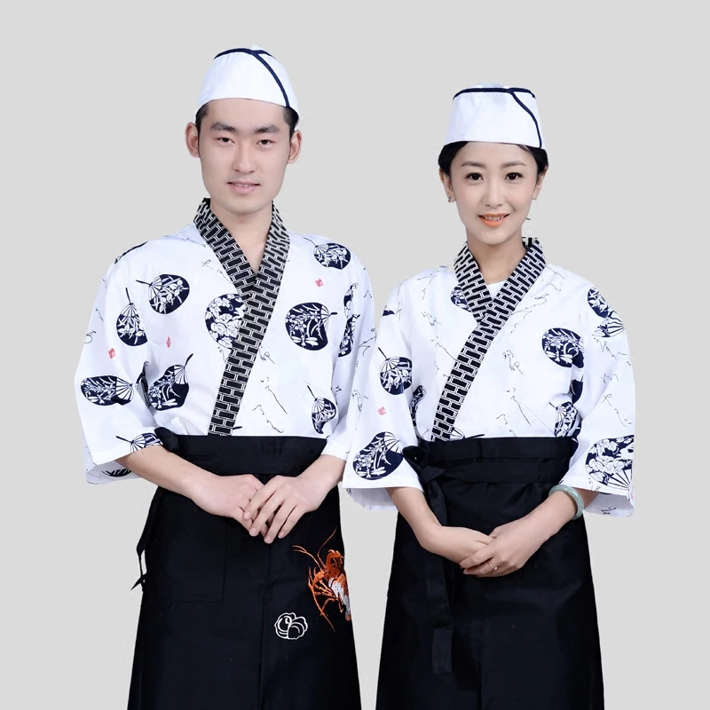 Korean Japanese chef service men and women wear short sleeved Japanese restaurant dining restaurant waitress with Shou servo