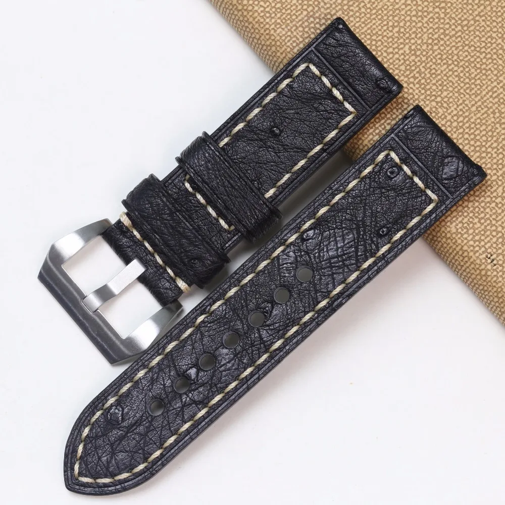 Pesno Africa Genuine Ostrich Leather Watch Band Black Brown Grey Pink Blue 24mm Watch Strap Men Watch Accessory for Panerai