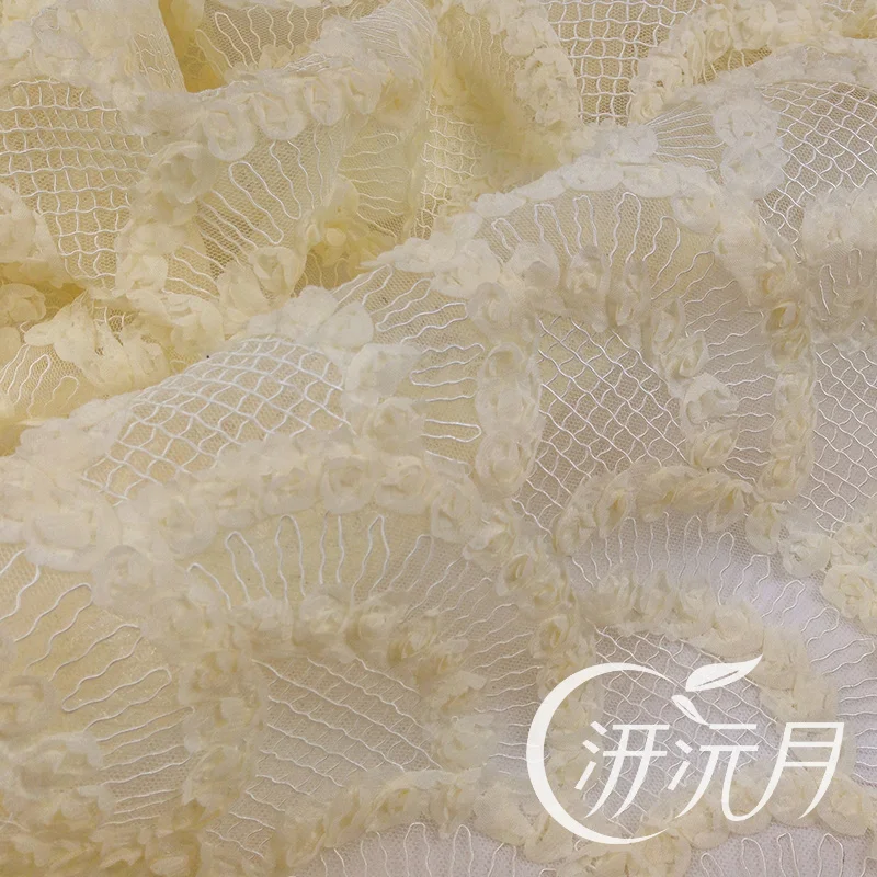 Beige wavy mesh wire flower embroidery lace cloth fabric clothing