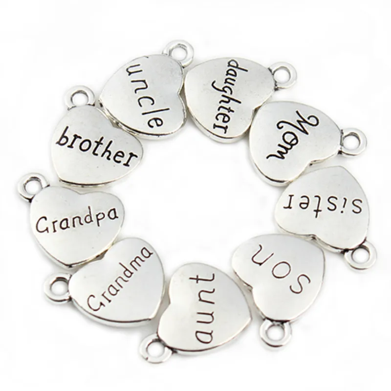 20pcs Mixed Antique Gold Color Heart Charms Family Grandpa Grandma Daughter Son Mom,Dad Brother Sister Letter Charms