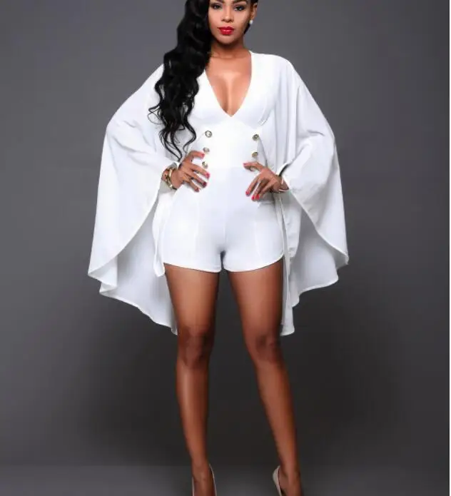 Women Playsuit 2019 New Fashion Deep V Neck Cloak Sleeve  Botton Rompers Sexy Skinny Short Bodycon Jumpsuits