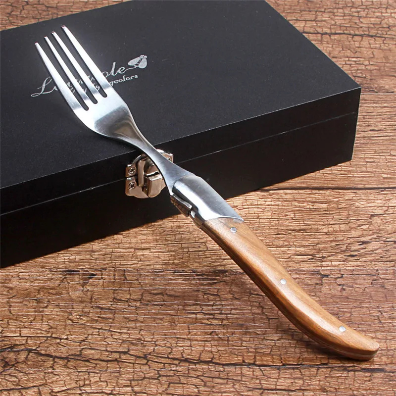 Natural Wood Handle Forks Foldable Tableware Set, Stainless Steel, Collapsible Dinner Steak Fork with Gift Box, Dinnerware