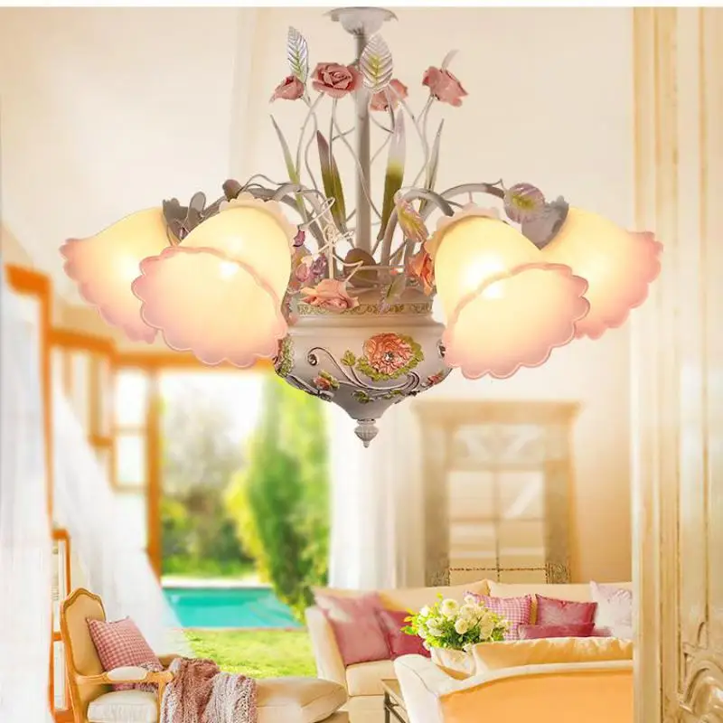 Chandelier Living Room Restaurant Princess Room Simple European Pastoral Style Iron Flower Semi Chandeliers Five Glass Cover