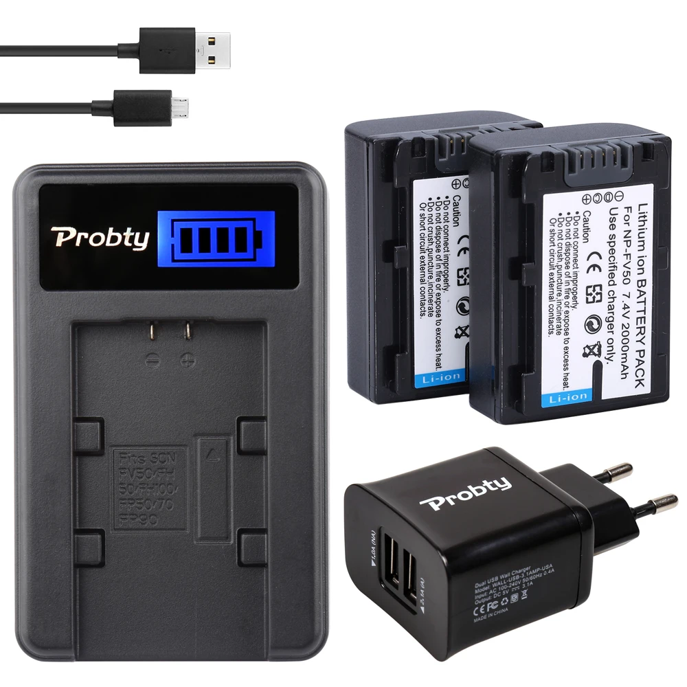 PROBTY NP-FV50 NP FV50 Battery + LCD Charger For SONY HDR XR550E XR350E CX550E CX350E CX150E DCR SR68E SX83E SX63E SX43E CX230