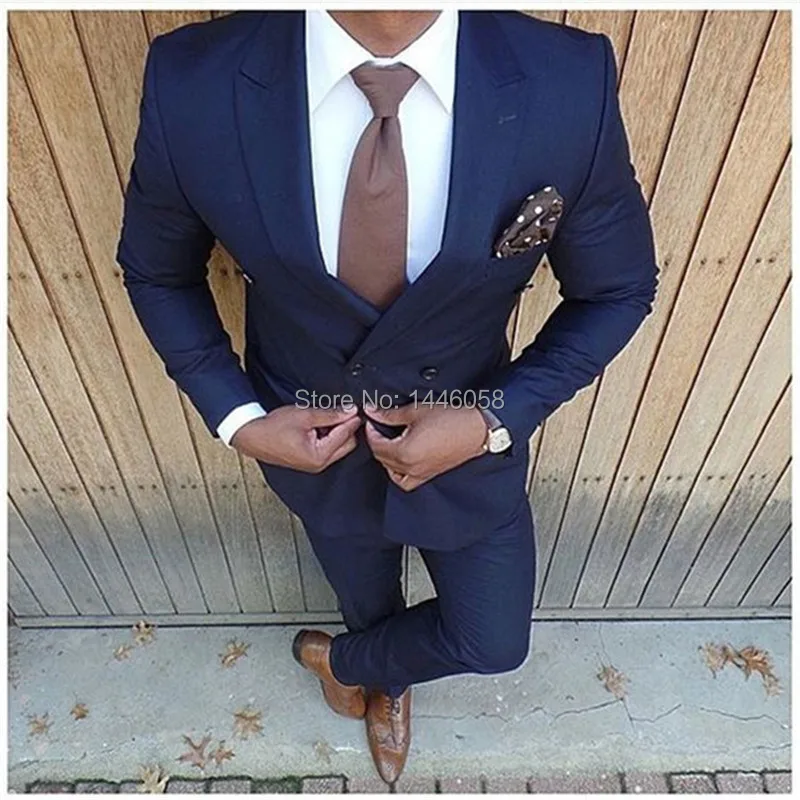 

Navy Blue Peaked Lapel Double Breasted Suit Terno Slim Fit Costume Homme Men Wedding Suits Fashion Latest Coat Pant Design