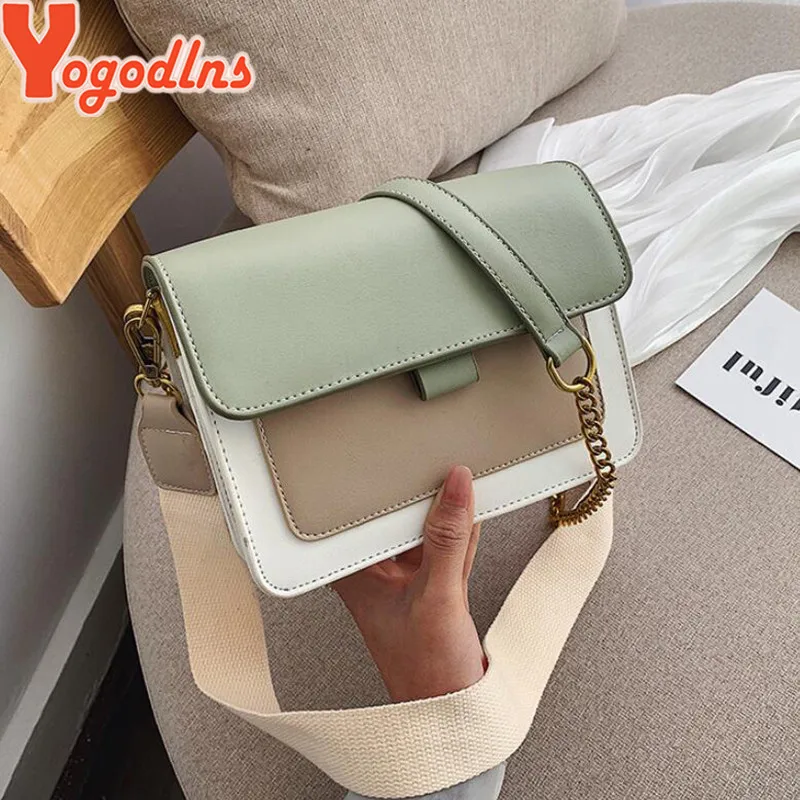 Yogodlns Contrast color Leather Crossbody Bag For Women Travel bag Fashion Simple Shoulder Bag Lady Crossbody Bag