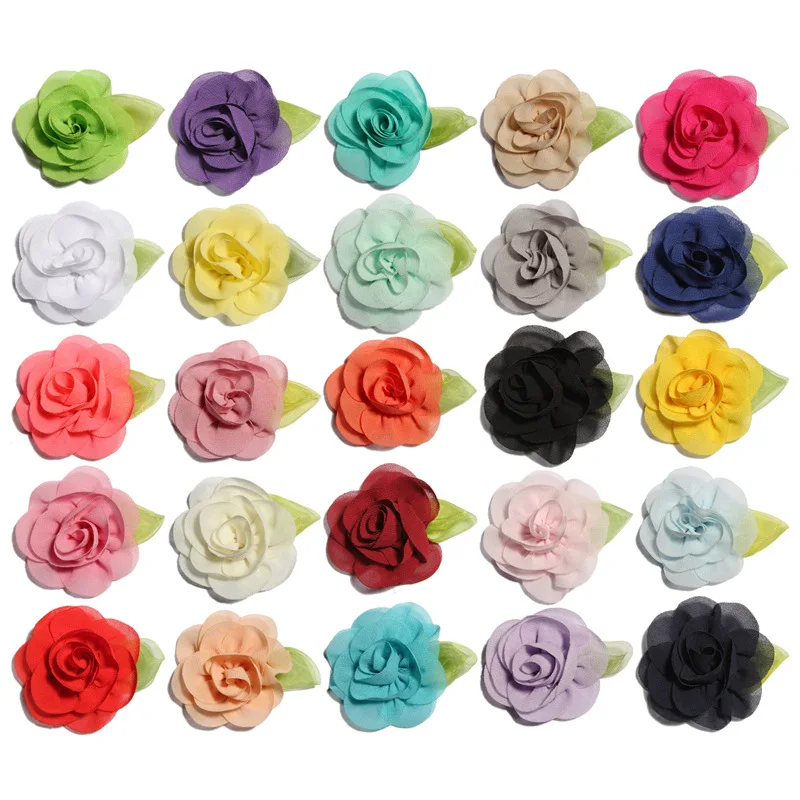 

10PCS 5.5cm Newborn Fashion Rolled Fabric Flowers with Leaves for Hair Clips Cute Chiffon Hair Flowers for Hair Accessories