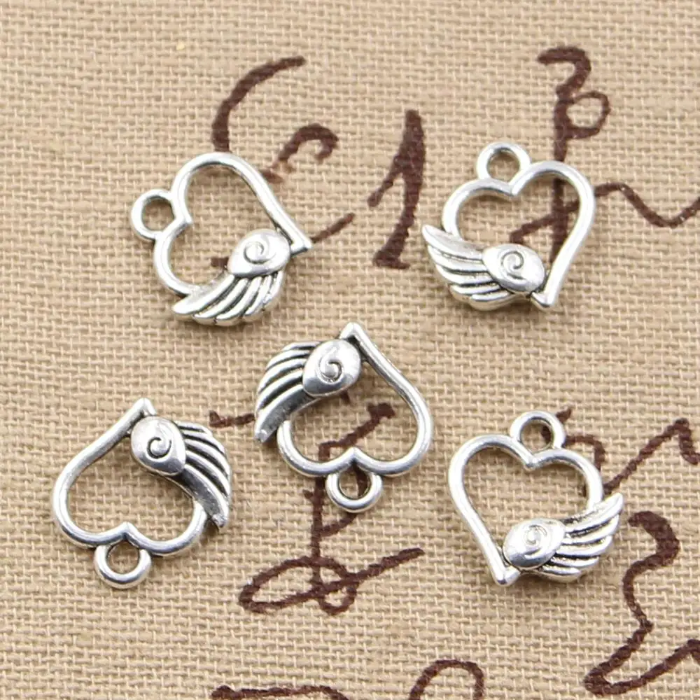 50pcs Charms Winged Flying Heart 14x12mm Handmade Pendant Making fit,Vintage Tibetan Silver color,DIY For Bracelet Necklace