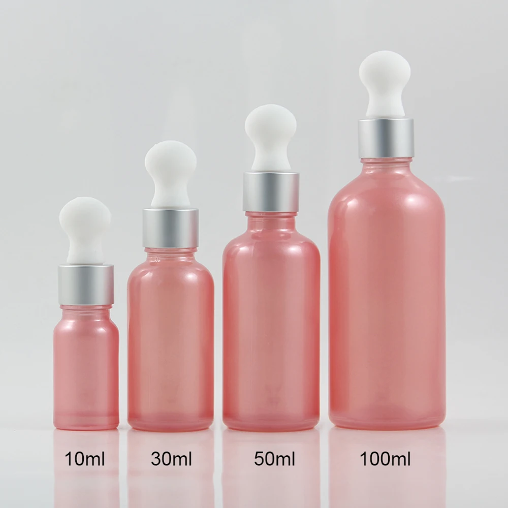 

100ml pink Glass Essential Oil Bottle With aluminum (matte silver ring+white rubber) dropper cap,100 ml Essential Oil Container