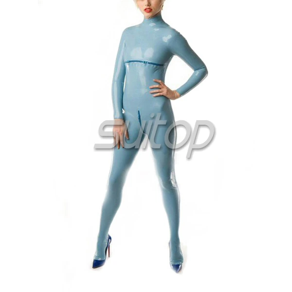 best selling latex rubber clothes for women attached gloves and socks with zip in breast tights body suits sky blue  skinny