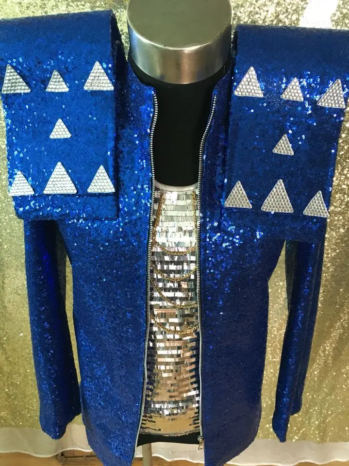 Customized Plus Size S-4XL Men Jacket Sequin Blazer Blue Bright Costume Singer Dance Prom Stage Wear Nightclub Outerwear Outfit