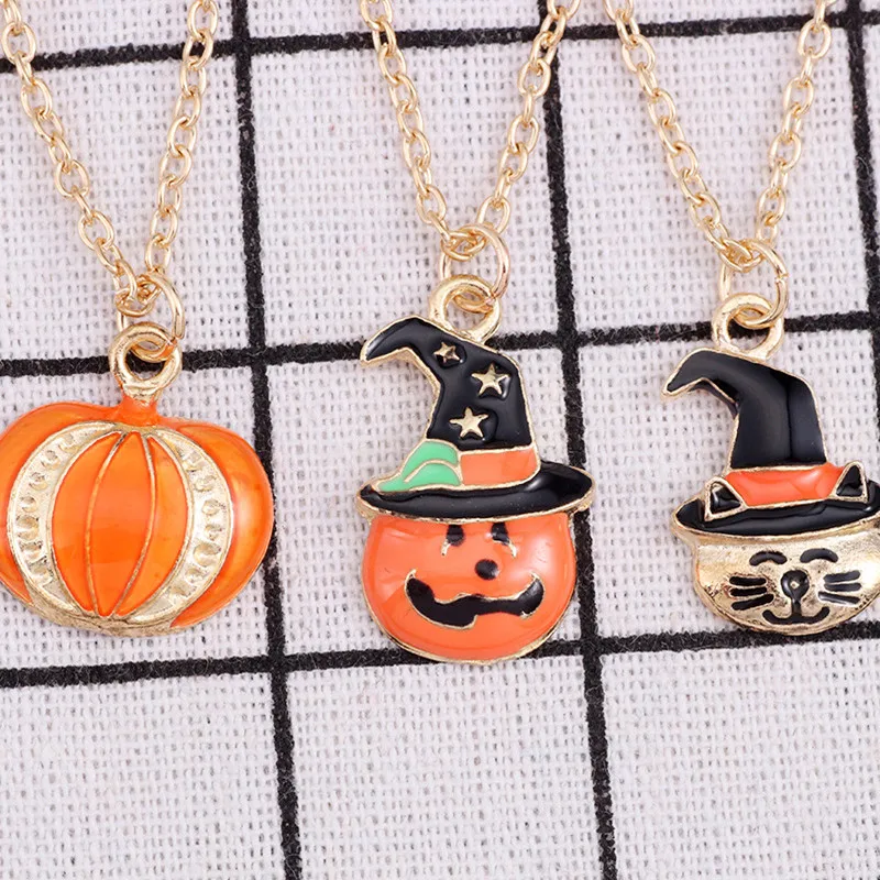 12PCS/Lot Fashion Creative Halloween Necklace Theme Jewelry Enamel Magic Pumpkin Cat Head Necklace Clavicle Chain Halloween Gift