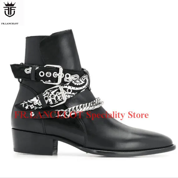 

2019 FR.LANCELOT Fashion Black Genuine Leather Men Boots Ankles Botas Sliver Chains Buckles Low Heel Shoes Mens Sapatos Mujer