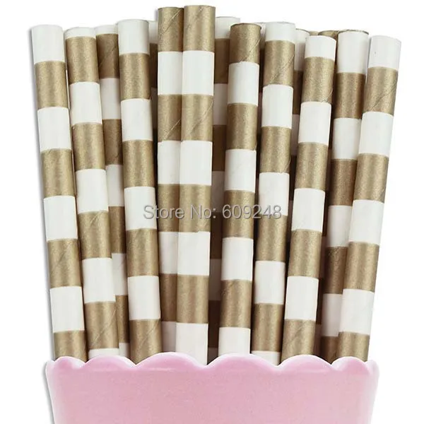 100 Pcs Mixed Colors Metallic Gold Ring Circle Sailor Striped Paper Straws,Rugby Stripe Drinking Straws,Christmas Wedding Party