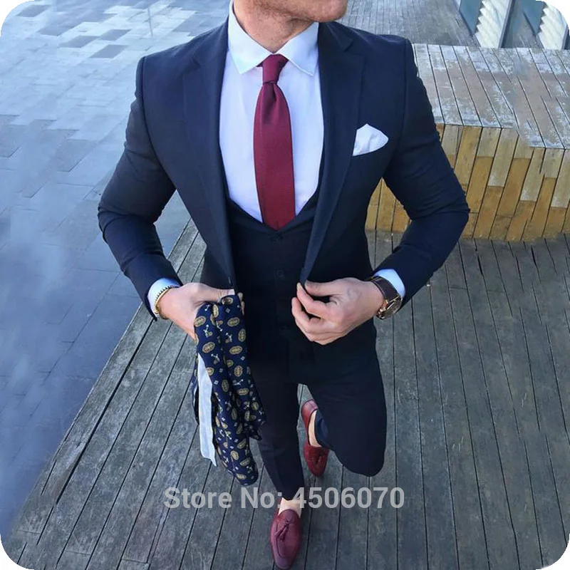 

Navy Blue Men Suits Casual Groom Wedding Suits Tailored Groomsmen Suit Slim Fit Costume Homme Blazers 3 Pieces Jacket Pants Vest