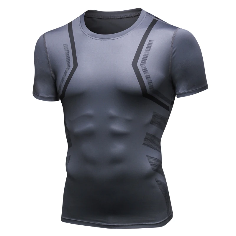 

2019 Men's Fitness Print Short Sleeve T-shirt Quick Dry Men training Sportwear High Elastic Skinny T-Shirt Men Running T-Shirt