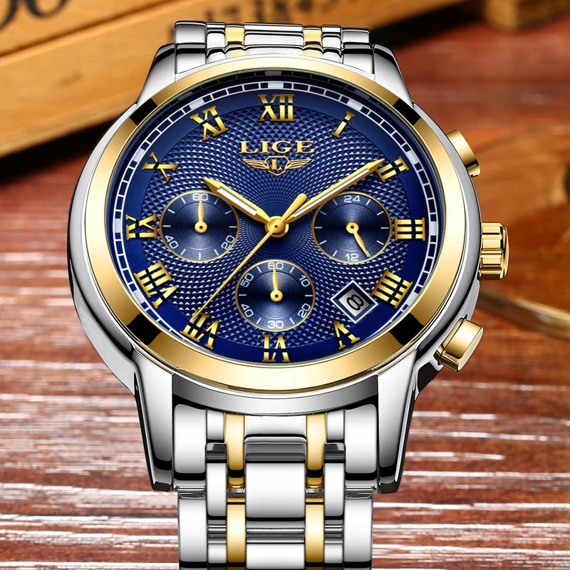 New LIGE Watches Men Luxury Brand Chronograph Men Sports Watches Waterproof Full Steel Quartz Men\'s Watch Relogio Masculino+BOX