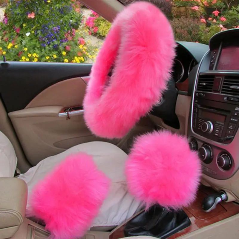 5Pcs Set Car Front Seat Cover & Fur Car Seat Steering Wheel Cover Pink Wool Winter Essential Universal Furry Fluffy Thick Faux