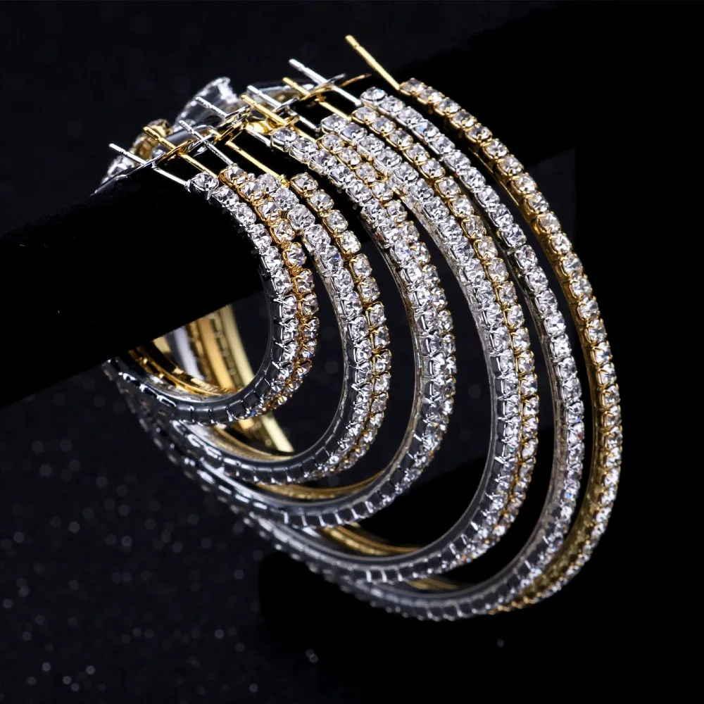 TREAZY Fashion Rhinestones Big Circle Earrings Gold Silver Color Crystal Hoop Earrings For Women Wedding Gift Boucles d\'oreilles