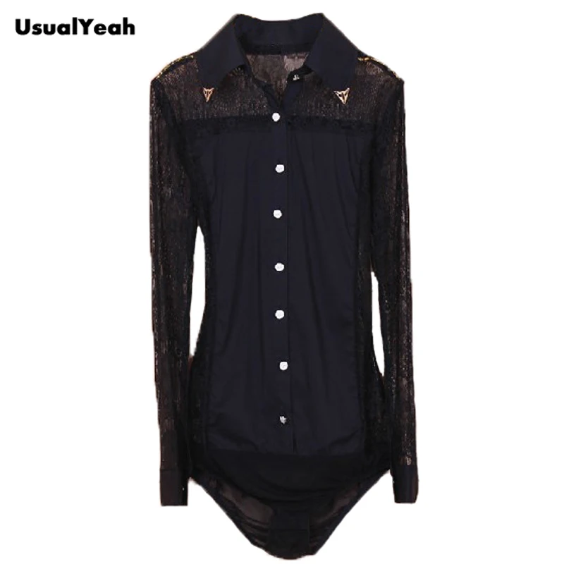 UsualYeah Women Fashion Sexy Lace Long sleeve OL women work wear Body Shirts Blouse blusas black white S-M-L-XL SY0101