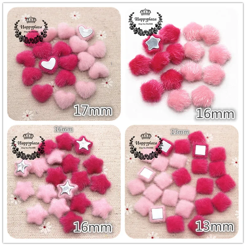 50pcs Hairy Fabric Covered Heart/Star/FlowerSquare Shape Buttons Home Garden Flatback Cabochon Crafts Scrapbooking DIY