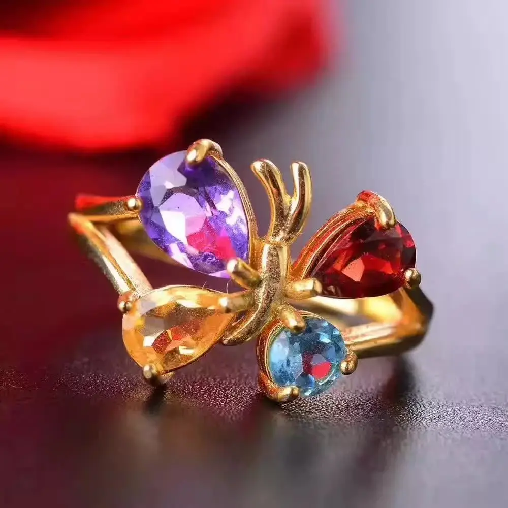 

925 Sterling Silver Blue Topaz Amethyst garnet Citrine Rings fashion gift for women Butterfly rings fine jewelry