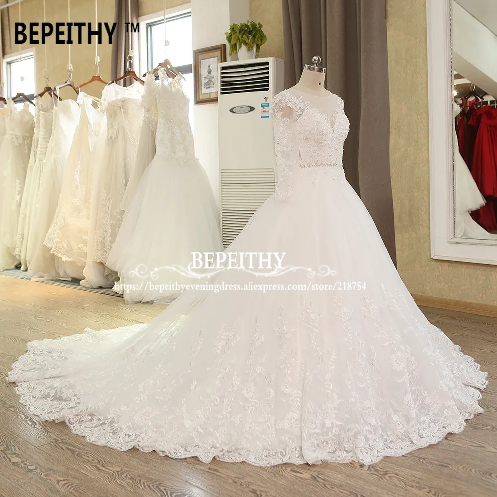 Bepeithy personalizado robe de mariage vestido de baile princesa vestido de casamento com faixa de cristal mangas compridas rendas vestidos de noiva 2022