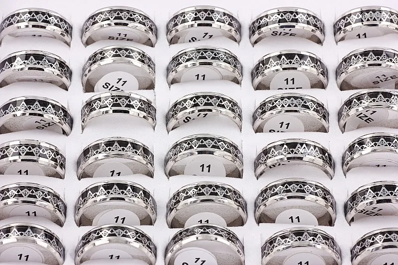 Wholesale Bulk Lots 12Pcs 8MM Stainless Steel Black Freemason Knights Templar Carbon Fiber Inlay Ring Xams Fashion Jewelry