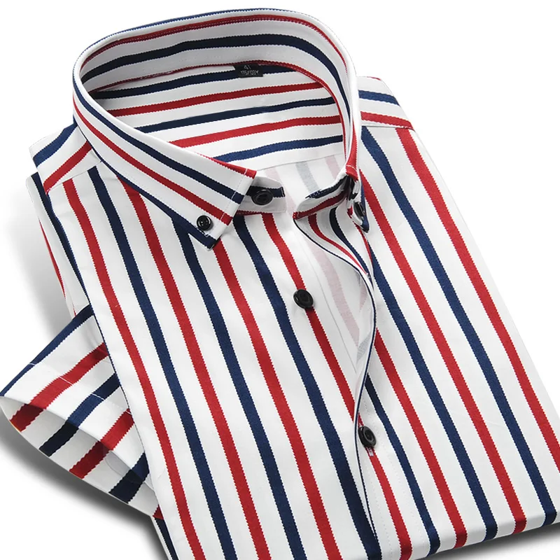 Colorful Stripe Short Sleeve Shirts Summer Hot Men Dress Shirt Button Down Male Business Casual Social Clothing Slim Fit