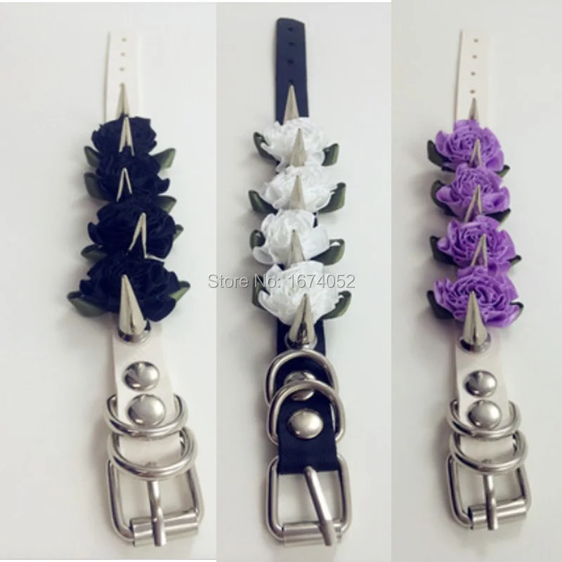 Cute Lolita Harajuku Handcrafted Rose Flower Long Spikes Leather Bangle Bracelet Wristlet Handcuff Hand Cuff