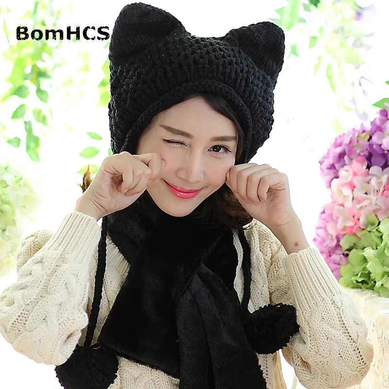 BomHCS Very Cute Fox Ears Cat Ear New Women Winter Hat 100% Handmade Knitted Beanie Ear Muff Hat Cap