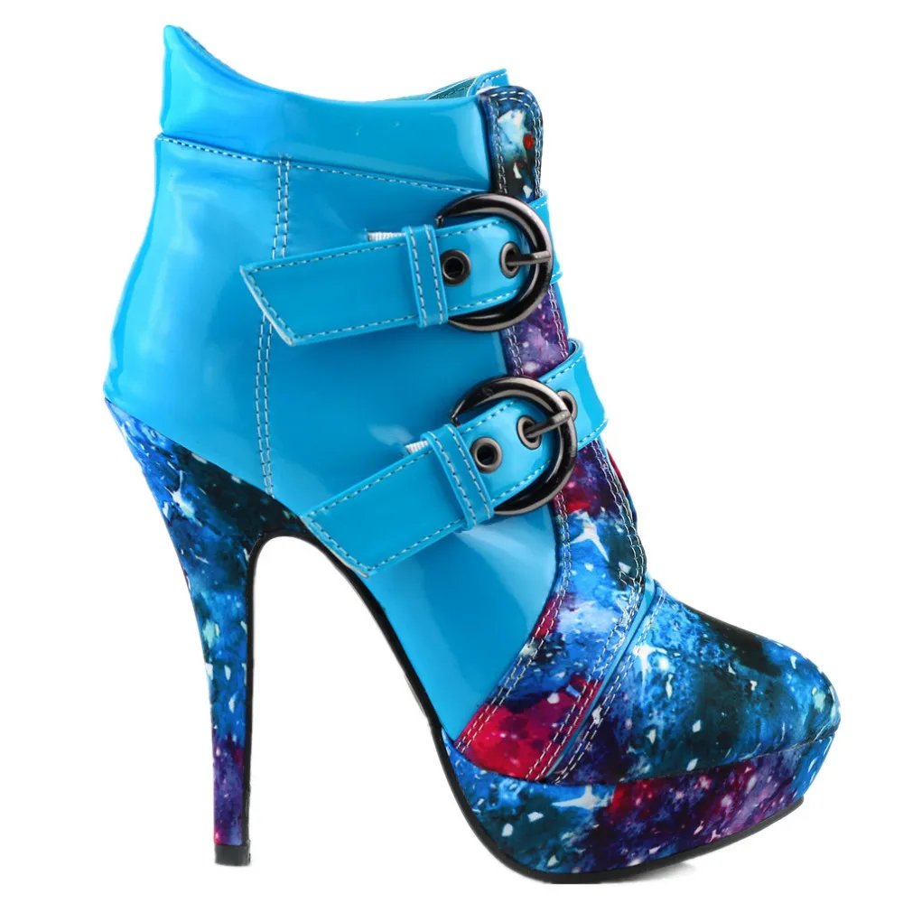 LF30301-1 Buckles Cosmic Galaxy Starry Night Sky High Heel Platform Ankle Boots