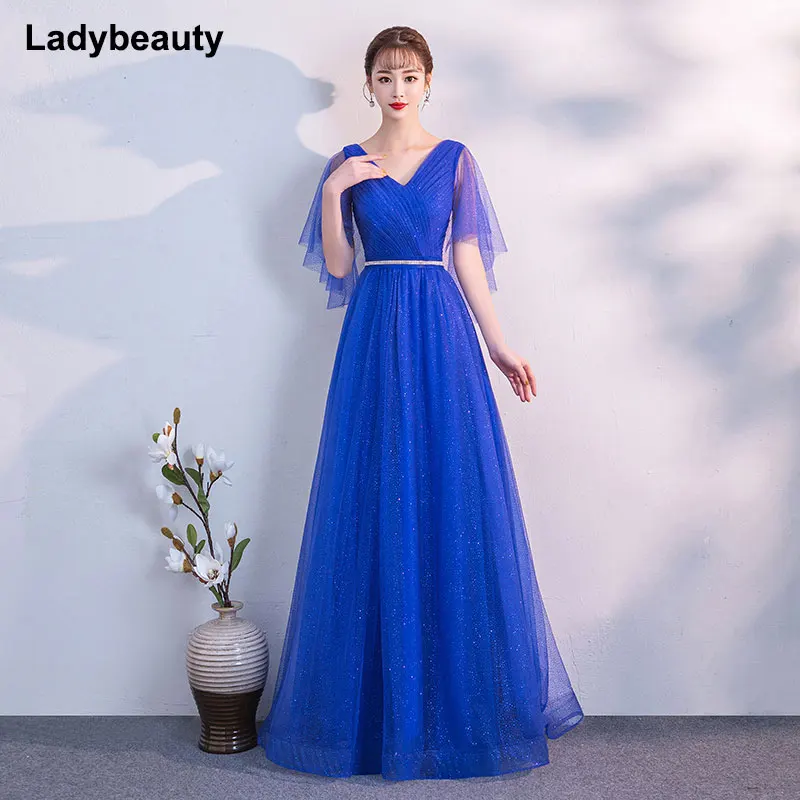 Ladybeauty New Simple Prom Dress V-neck Blue Shining Evening Party Gown Custom Formal Dresses Robe De Soiree