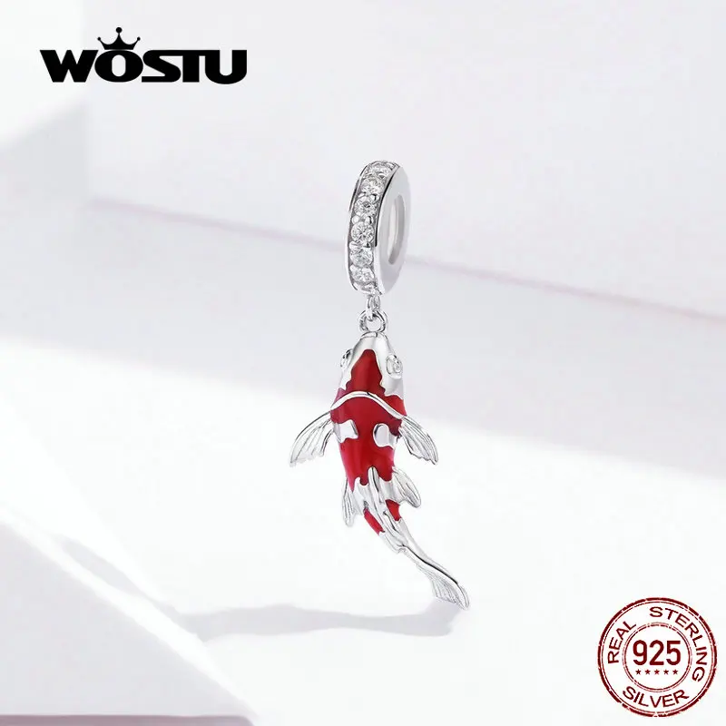 

WOSTU Lucky Carp Dangle Charm 925 Sterling Silver Red Enamel CZ Beads Fit Original Bracelet Pendant Silver 925 Jewelry FNC085