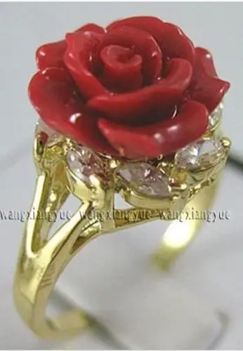 Charming!Hand Carved Red Coral Flower Ring size: 6 7 8 9