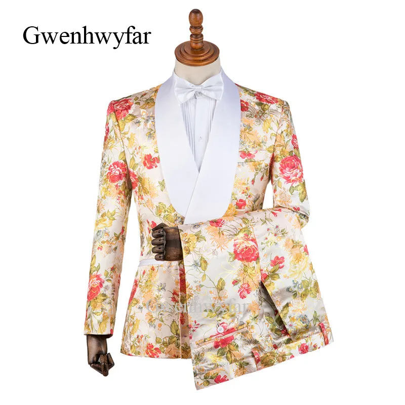 Gwenhwyfar Design Peony Series Men Tuxedos 2 Pieces Men Wedding Prom Party Suits Blazer Ternos Masculino White Lapel Men Suits