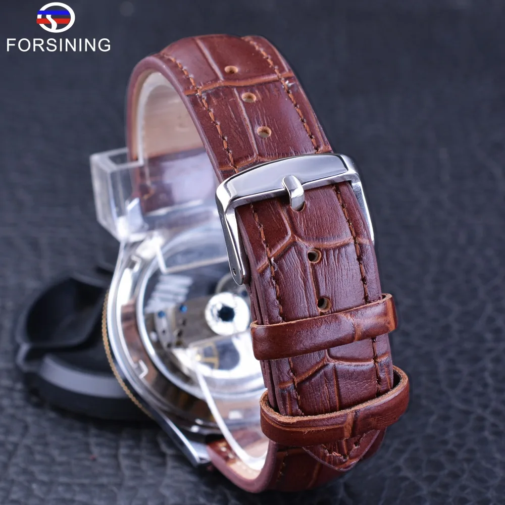 Forsining-Reloj de pulsera automático para hombre, accesorio masculino con correa de cuero marrón y bisel dorado y rosa, totalmente transparente, de