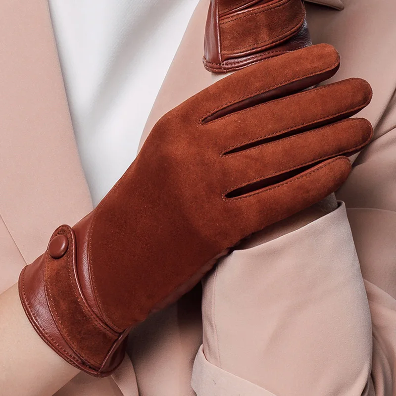 Velvet Genuine Leather Gloves Fashion Women Suede Sheepskin Glove Thermal Winter Lining Driving Gloves NW563-5