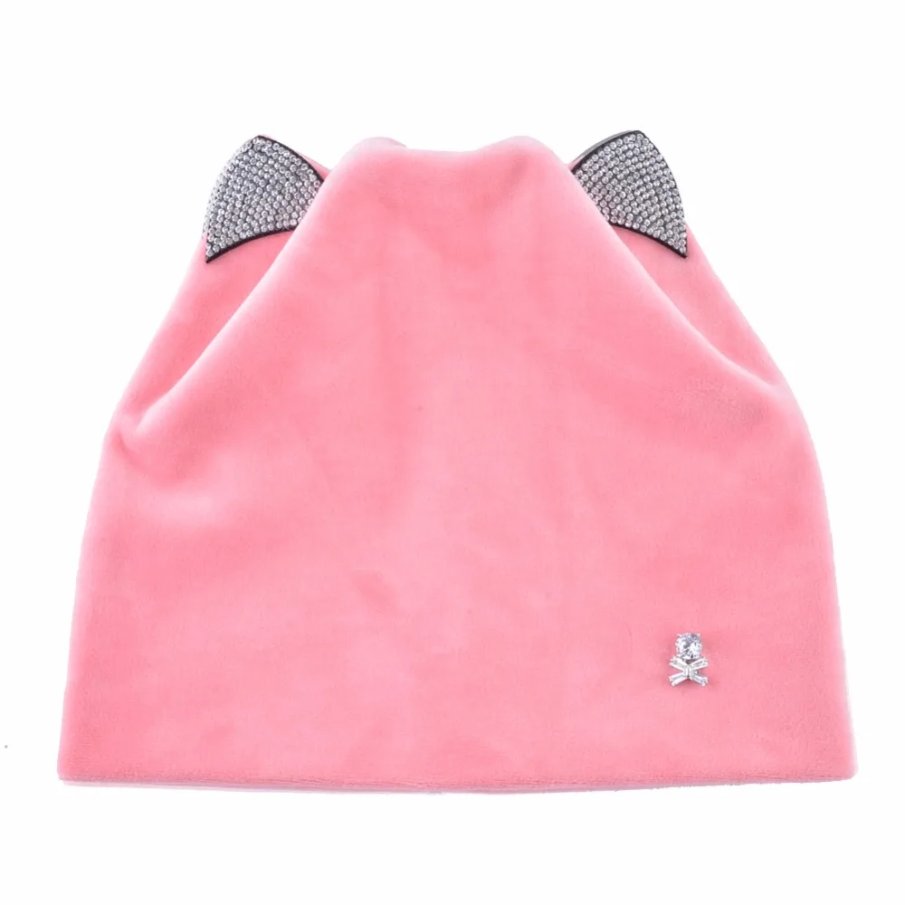 New style bonnet women\'s Diamond Skull hat Lady\'s soft Velvet Beanies girl Cat ears cap Solid color winter Hats for Women caps