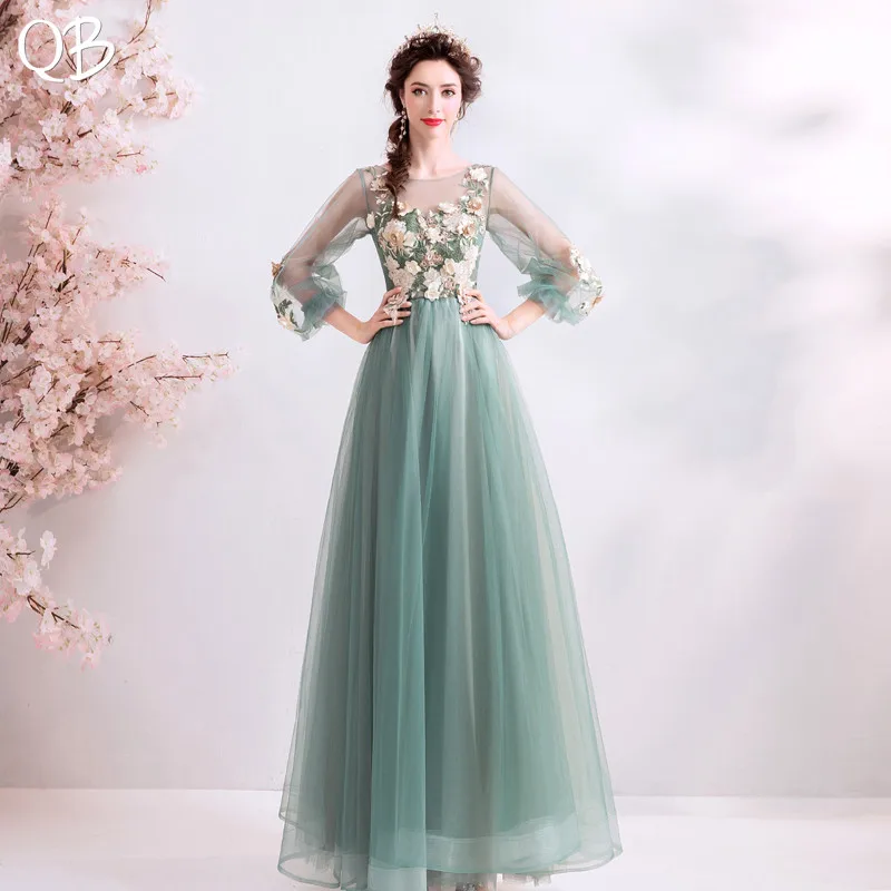 Green A-line Long Sleeve Tulle Lace Flowers Elegant Formal Evening Dresses 2020 New Fashion Bride Party Prom Dress XH163