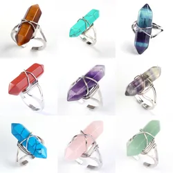 Wire Wrap Stone Ring for Women Men Hexagon Column Resizable Amethysts Quartz Crystal Stone Finger Rings Party Wedding Jewelry