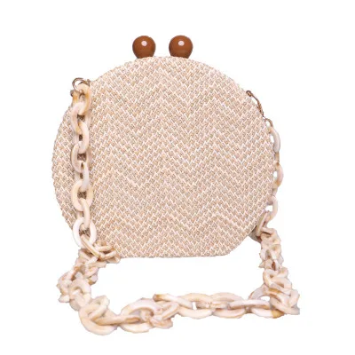 HOT Round Weave Handbag Banquet Clutch Woman Crossbody Bags For Women Circular Strip Shoulder Bags Resin Strap Wood Handle New