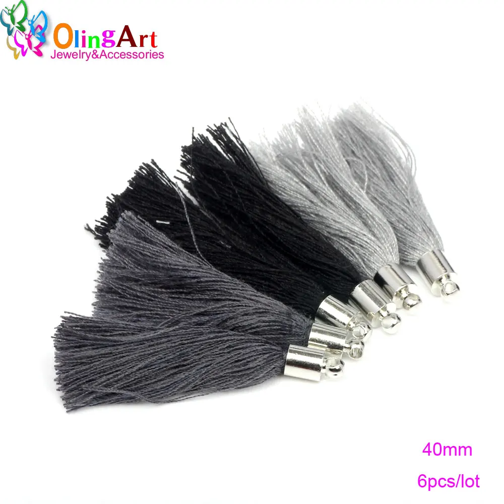 OlingArt 40mm 6Pcs Mix Color Cotton Silk Satin Charms Tassels DIY necklace Earrings Jewelry Making Straps handbag Pendant